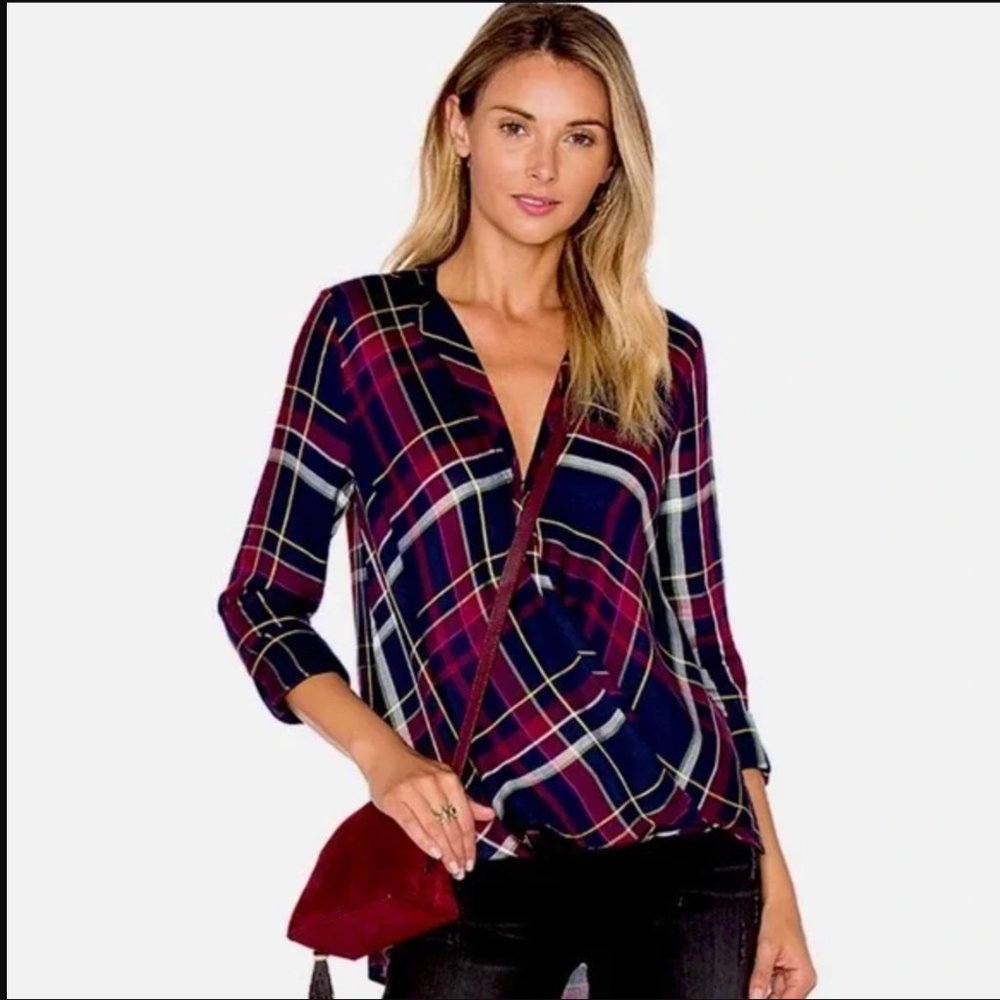 1. STATE Plaid Faux Wrap Surplice Blouse High/Low